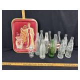 Assorted vintage pop bottles & tray