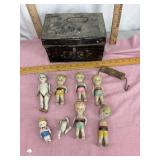 Old tin box with miniature dolls & body parts