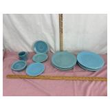 Box of blue Fiesto plates/ small bowl & cup