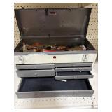 Old heavy metal tool box with contents