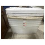 Five jumbo Rubbermaid storage totes with lids