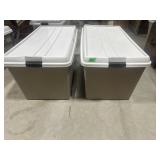 Two stackable rolling storage totes