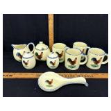 Gryphonware Rooster Set: 4 Mugs, Creamer, Covered