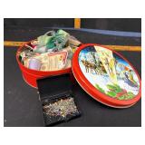 Holiday Tin With Sewing Supplies