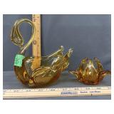 1960's-1970's  Amber Art Glass Swan Dish With A