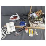 Miscellaneous box lot- iron/ phone/ cords/ wire