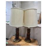 Two wooden with metal base table lamps