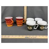 Pair of FireKing orange Diamond coffee cups & 4