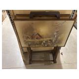 vintage folding TV tray set featuring a pastoral