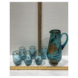 Aqua Blue Blown Glass Pitcher Gold Floral Applied