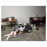 GROUP OF VARIOUS TABLES, PLASTIC SHELF, COLANDER,