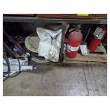 GROUP OF VARIOUS FIRE EXTINGUISHERS AND WIRE