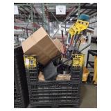 GROUP OF DUST PANS, BROOMS, SQUEEGEE, HEATER,