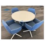 36ï¿½ White Round Table w/ (4) Blue Swivel Chairs