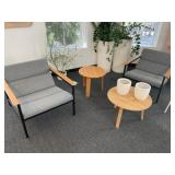 (2) Side Chairs, (2) Small Round Tables, (2) Pots,