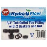 3/4" Tub Outlet Tee Fitting w/ 2 gaskets & nut, bo