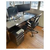 Adjustable Height Desk, Office Chair & Monitors