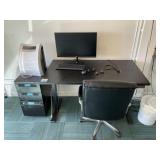 Adjustable Heigh Desk, Heater, Cabinet and Monitor