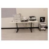 Table, office supplies, paper shredder