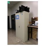 ULINE metal storage cabinet w/ contents and work b