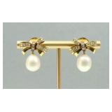 PAIR 14K DIAMOND BOW-FORM PEARL DROP EARRINGS