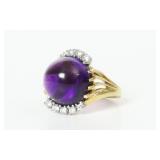 18K VINTAGE AMETHYST CABOCHON & DIAMOND RING
