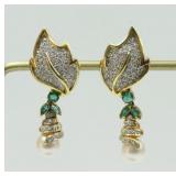 PAIR 18K DIAMOND, EMERALD & PEARL DROP EARRINGS