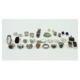 (24) STERLING RINGS, EAR CLIPS & PENDANTS