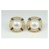 PAIR 18K MABE PEARL, DIAMOND & SAPPHIRE EARRINGS