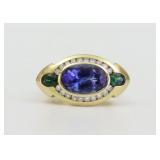 18K TANZANITE, GARNET & DIAMOND RING