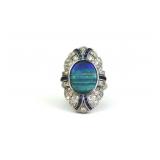 ART DECO BLACK OPAL, DIAMOND & SAPPHIRE RING