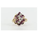 14K RUBY & DIAMOND CLUSTER RING