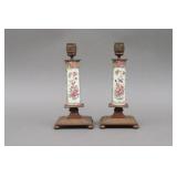 PAIR BRASS-MOUNTED ROSE CANTON CANDLESTICKS