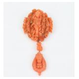 VICTORIAN CORAL CHERUB & FLORAL DANGLE BROOCH