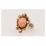 14K SALMON CORAL & DIAMOND GOLD NUGGET RING