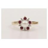 14K PEARL, RUBY & DIAMOND HALO RING