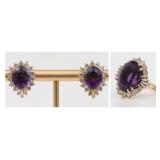 14K PURPLE GEMSTONE & DIAMOND RING & EARRING SUITE