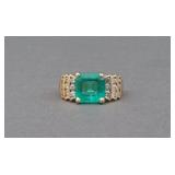 14K EMERALD & DIAMOND WIDE BAND RING