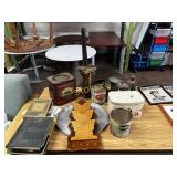 Asst Antique Style Cans, Wall Holder, Books, Etc.