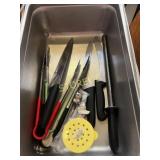 S/S Insert w/ 3 Chef Knives, Sharpener, Tongs,