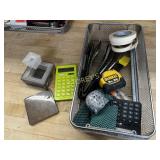 Bin w/ Calculators, Measuring Tapes, Tongs, Etc.