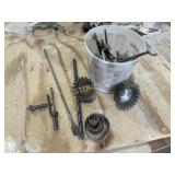 Bin of Drill Bits, Hole Saws, Wire Brushes, Etc.