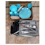 Assorted dishes and dish rack