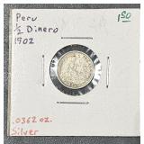1902 Peruana 1/2 Dinero .0362 oz Silver Coin