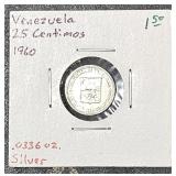 1960 Venezuela 25 Centimos .0336oz Silver Coin
