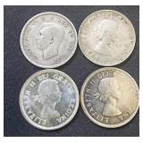 (4) Canada Silver Quarters 1942, 1954, (2) 1964