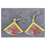 Cloisonne Dragon on Fan Shaped Earrings 1 3/" Long
