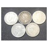 (5) Silver Dimes Canada 1940, (2)1944, 1945, 1947