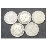 (5) Silver Dimes Canada 1940, (2) 1942, 1943, 1951