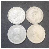 (4) Canada Silver Quarters 1945, 1945, 1958, 1966